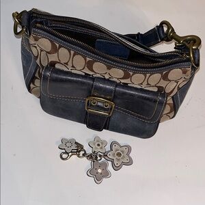 Coach Sign Canvas Shoulder Bag with blue Leather Trim and beige flower bag charm